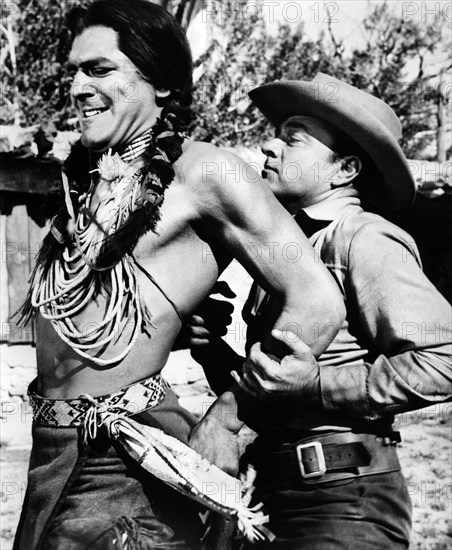 Edmund Hashim, Tony Martin, on-set of the western film, "Quincannon, Frontier Scout", United Artists, 1956