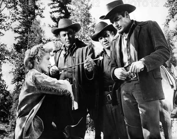 Peggie Castle, Tony Martin, John Doucette, John Bromfield, on-set of the western film, "Quincannon, Frontier Scout", United Artists, 1956