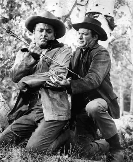 Tony Martin, John Bromfield, on-set of the western film, "Quincannon, Frontier Scout", United Artists, 1956