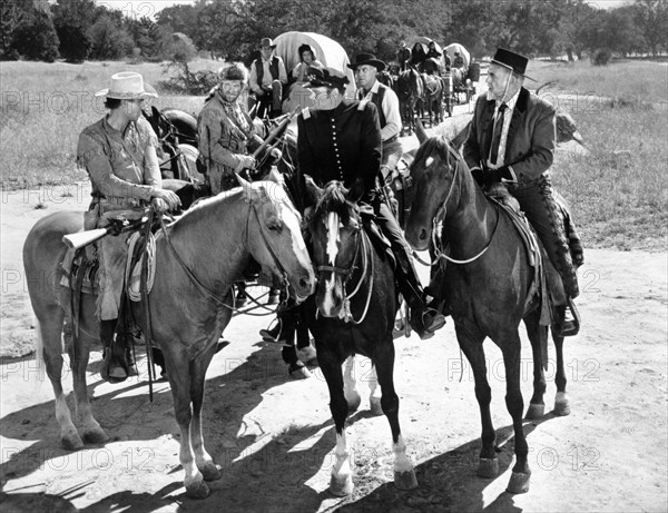 Jim Davis, Ken Mayer, Don Kelly, Nestor Paiva, on-set of the western film, "Frontier Uprising", United Artists, 1961