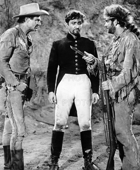 Jim Davis, Eugene Iglesias, Ken Mayer, on-set of the western film, "Frontier Uprising", United Artists, 1961