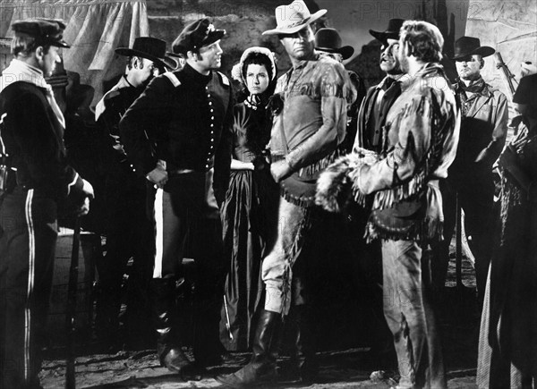 Don Kelly, Nancy Hadley, Jim Davis, Ken Mayer, on-set of the western film, "Frontier Uprising", United Artists, 1961