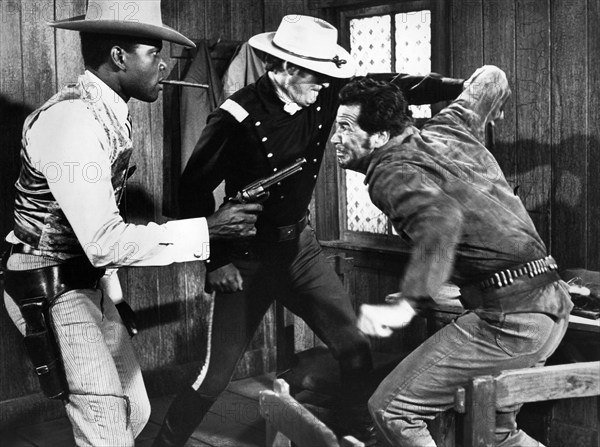 Sidney Poitier, Bill Travers, James Garner, on-set of the western film, "Duel At Diablo", United Artists, 1966