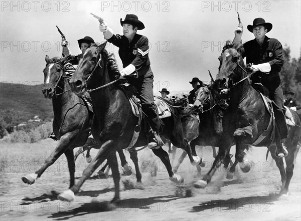 Group of Texas State Police "Bluebellies" on horseback, on-set of the western film, "The Fabulous Texan", Republic Pictures, 1947