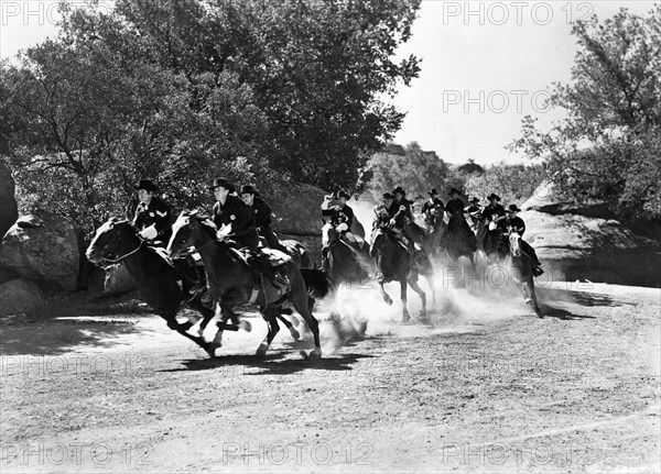 Group of Texas State Police "Bluebellies" on horseback, on-set of the western film, "The Fabulous Texan", Republic Pictures, 1947