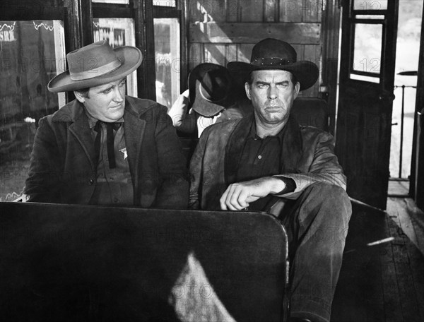 Francis De Sales, Fred MacMurray, on-set of the western film, "Face Of A Fugitive", Columbia Pictures, 1959