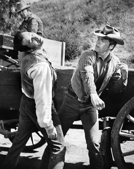 Doug McClure (right), on-set of the western TV series,  "The Virginian"  Season 1, Episode 30 "The Final Hour", NBC, 1963