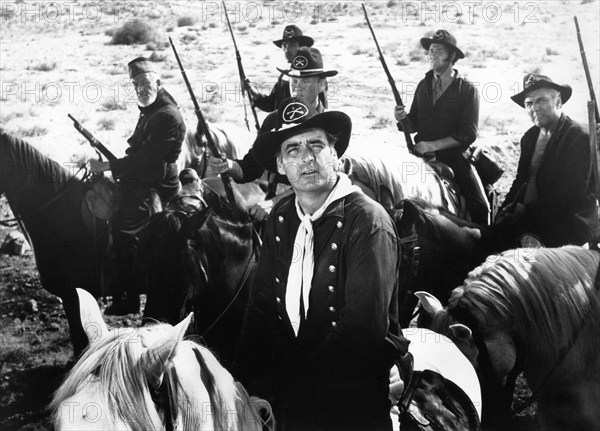 Rory Calhoun (foreground, center), on-set of the western film, "Finger On The Trigger", Allied Artists, 1965