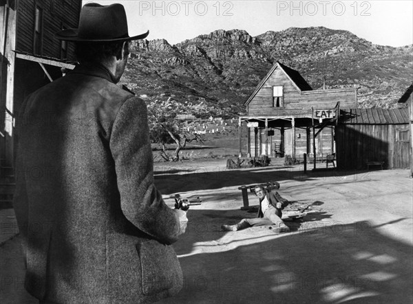 Henry Fonda (left), James Stewart (right), on-set of the western film, "Firecreek", Warner Bros.-Seven Arts, 1968