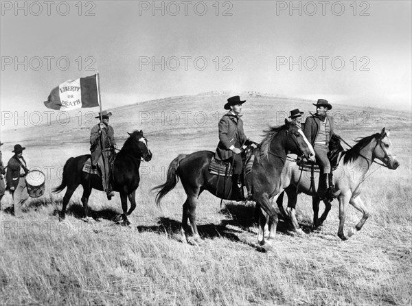 Nelson Leigh, Joel McCrea, Roy Roberts, on-set of the western film, "The First Texan", Allied Artists, 1956