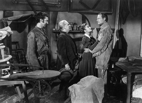 James Griffith, Wallace Ford, Felicia Farr, Joel McCrae, on-set of the western film, "he First Texan", Allied Artists, 1956