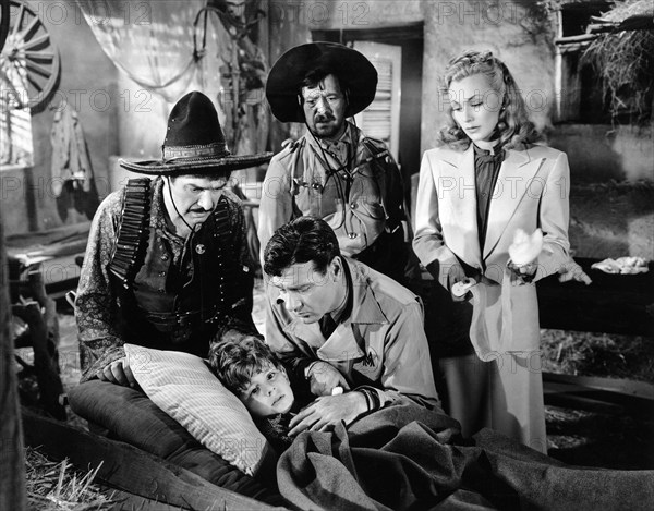 J. Carrol Naish, Richard Arlen, Bobby Dillon, Eva Gabor, on-set of the film, "Forced Landing", Paramount Pictures, 1941