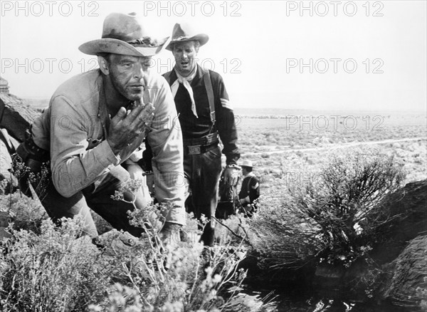 Harry Lauter (left), Fred Beir (right), on-set of the western film, "Fort Courageous", 20th Century-Fox, 1965