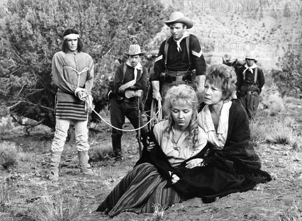 Joe Patridge, Fred Krone,  Hanna Landry, Cheryl MacDonald, on-set of the western film, "Fort Courageous", 20th Century-Fox, 1965