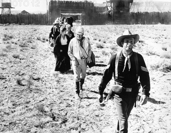 Fred Beir, Walter Reed, Hanna Landry, Cheryl MacDonald, on-set of the western film, "Fort Courageous", 20th Century-Fox, 1965