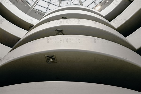 Interior low angle view of spiral ramp, Solomon R. Guggenheim Museum, New York City, New York, USA