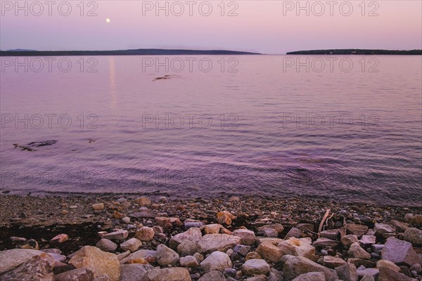 Moonrise at dusk over harbor