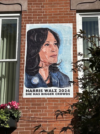 Close-up of Harris Walz 2024 campaign poster on residential building, Greenwich Village, New York City, New York, USA