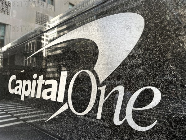 Capital One logo on building exterior, New York City, New York, USA