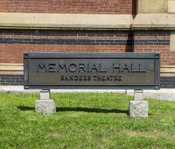 Sanders Theatre at Memorial Hall, exterior building sign, Harvard University, Cambridge, Massachusetts, USA