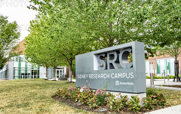 Sidney Research Campus, Biomed Realty, building exterior and company sign, Cambridge, Massachusetts, USA