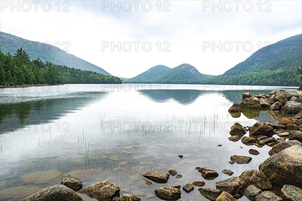 Scenic lake with rolling mountains in background, Acadia National Park, Maine, USA