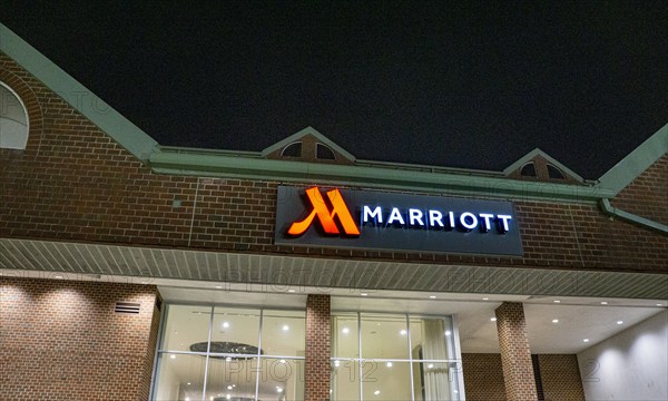 Marriott Hotel, building exterior at night, Newport, Rhode Island, USA