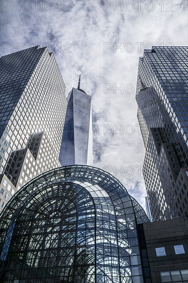 Low angle view of Brookfield Place and One World Trade Center, building exterior, New York City, New York, USA