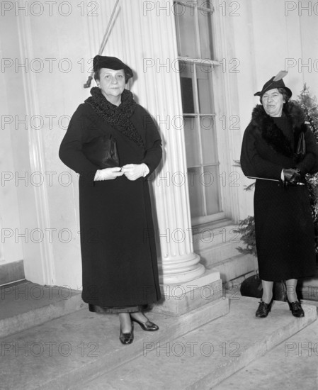 U.S. Secretary of Labor Frances Perkins (left), leaving White House after conference with U.S. President Franklin Roosevelt, Washington, D.C., USA, Harris & Ewing, November 27, 1937