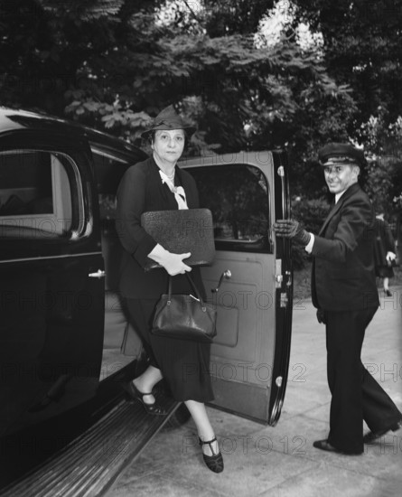 U.S. Secretary of Labor Frances Perkins arriving for special cabinet meeting called by U.S. President Franklin Roosevelt regarding the uncertainty in Europe, Washington, D.C., USA, Harris & Ewing, September 16, 1938