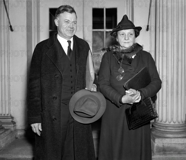 U.S. Secretary of Labor Frances Perkins with Warren Madden of the National Labor Relations Board after meeting with U.S. President Franklin Roosevelt regarding labor dispute at Merrimac Mills, Huntsville, Alabama,  White House, Washington, D.C., USA, Harris & Ewing, December 6, 1938