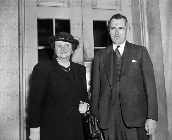 U.S. Secretary of Labor Frances Perkins with Dr. John R. Steelman, Chief of the mediation service, outside White House after meeting with U.S. President Franklin Roosevelt, Washington, D.C., USA, Harris & Ewing, May 17, 1939