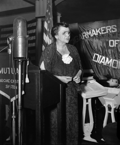 U.S. Secretary of Labor Frances Perkins delivering speech at 75th anniversary gala celebration of the International Cigar Makers Union, Raleigh Hotel, Washington, D.C., USA, Harris & Ewing, July 29, 1939