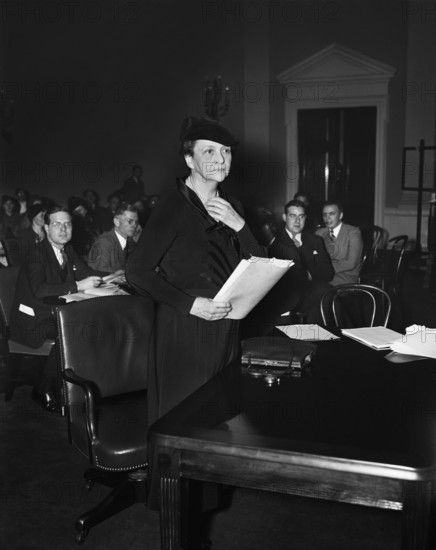 U.S. Secretary of Labor Frances Perkins preparing to testify on the Administration's Social Security program before the House Ways and Means Committee, Washington, D.C., USA, Harris & Ewing, January 22, 1935