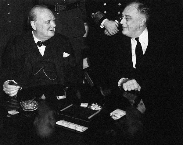 U.S. President Franklin D. Roosevelt with British Prime Minister Winston Churchill at Casablanca Conference, Casablanca, Morocco, Franklin D. Roosevelt Presidential Library & Museum, January 18, 1943