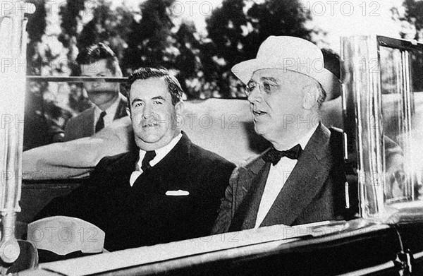 U.S. President Franklin D. Roosevelt and Mexican President Avila Camacho riding in convertible car, Monterrey, Mexico, Franklin D. Roosevelt Presidential Library & Museum, April 20, 1943