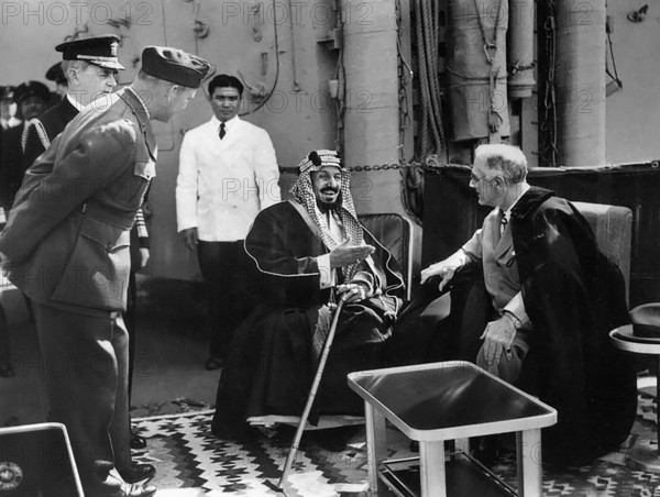 U.S. President Franklin D. Roosevelt and King Ibn Saud of Saudi Arabia aboard USS Quincy at Great Bitter Lake, Egypt, Franklin D. Roosevelt Presidential Library & Museum, February 14, 1945