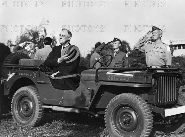 U.S. President Franklin D. Roosevelt reviewing troops at Camp Anfa during trip to Casablanca Conference, Casablanca, Morocco, Franklin D. Roosevelt Presidential Library & Museum, January 19, 1943