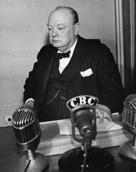 British Prime Minister Winston Churchill, attending First Quebec Conference, codenamed QUADRANT, Quebec City, Quebec, Canada, Franklin D. Roosevelt Presidential Library & Museum, August 1943