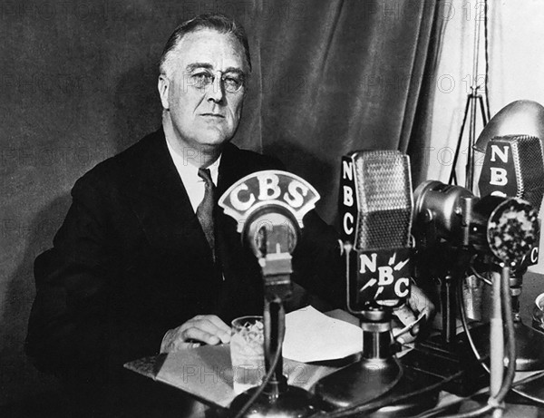 U.S. President Franklin D. Roosevelt delivering Fireside Chat #6, Washington, D.C., USA, Franklin D. Roosevelt Presidential Library & Museum, September 30, 1934