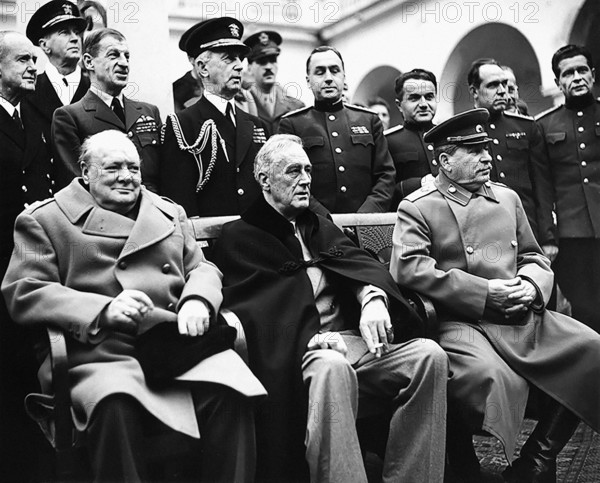 British Prime Minister Winston Churchill, U.S. President Franklin D. Roosevelt and Soviet General Secretary Josef Stalin at Yalta Conference, Livadia Palace, Yalta, USSR