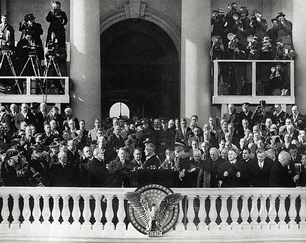 U.S. President Franklin D. Roosevelt taking oath of office from Chief Justice Charles Evan Hughes at his third inaugural ceremony, Washington, D.C., USA, Franklin D. Roosevelt Presidential Library & Museum, January 20, 1941