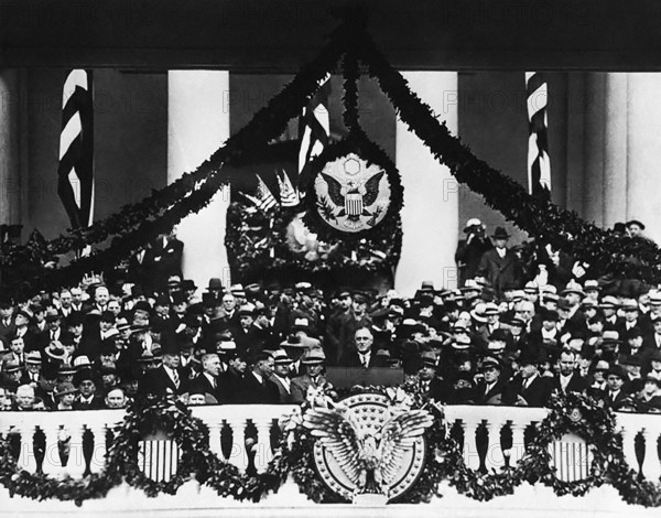 U.S. President Franklin D. Roosevelt delivering first inaugural Speech, Washington, D.C., USA, Franklin D. Roosevelt Presidential Library & Museum, March 4, 1933