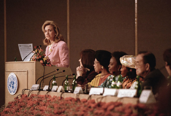 U.S. First Lady Hillary Rodham Clinton addressing keynote speech at Fourth United Nations Conference on Women, Beijing, China, Sharon Farmer, White House Photograph Office, September 5, 1995