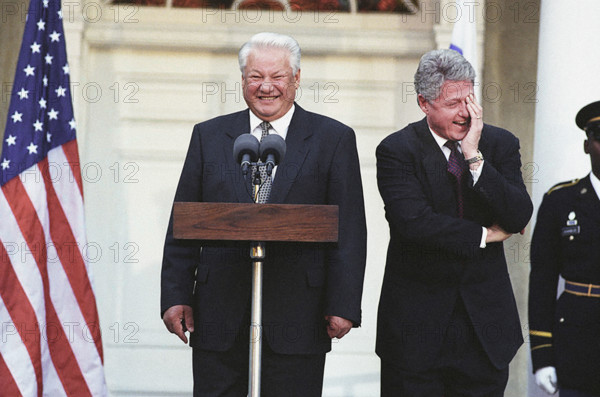 U.S. President Bill Clinton with President Boris Yeltsin of Russia during press conference, Franklin D. Roosevelt Library, Hyde Park, New York, USA, Ralph Alswang, White House Photograph Office, October 23, 1995