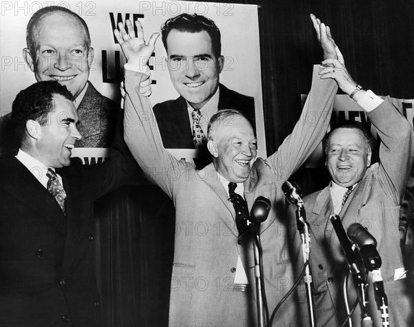 Richard Nixon, Dwight D. Eisenhower and Arthur Summerfield at  Republican National Convention, Chicago, Illinois, USA, Republican National Committee Photo, July 1952
July 1952