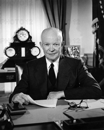 U.S. President Dwight D. Eisenhower seated at his desk, White House, Washington, D.C., USA, U.S. National Park Service, February 29, 1956