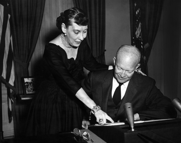 U.S. President Dwight D. Eisenhower and U.S. First Lady Mamie Eisenhower talk prior to the President's radio and television address to the nation announcing his willingness to run for a second term, Washington, D.C., USA, U.S. National Park Service, February 29, 1956