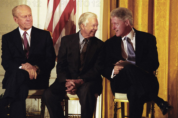 U.S. President Bill Clinton (right) with former U.S. Presidents Gerald Ford (left) and Jimmy Carter (center) at China Trade event, White House, Washington, D.C., USA, William Vasta, White House Photograph Office, May 9, 2000