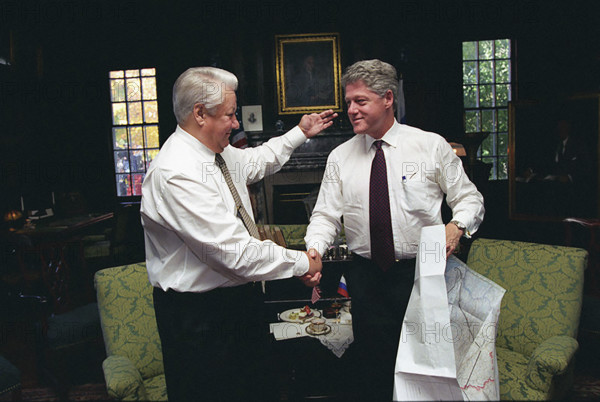 U.S. President Bill Clinton greeting President Boris Yeltsin of Russia at Franklin D. Roosevelt Library, Hyde Park, New York, USA, Bob McNeely, White House Photograph Office, October 23, 1995